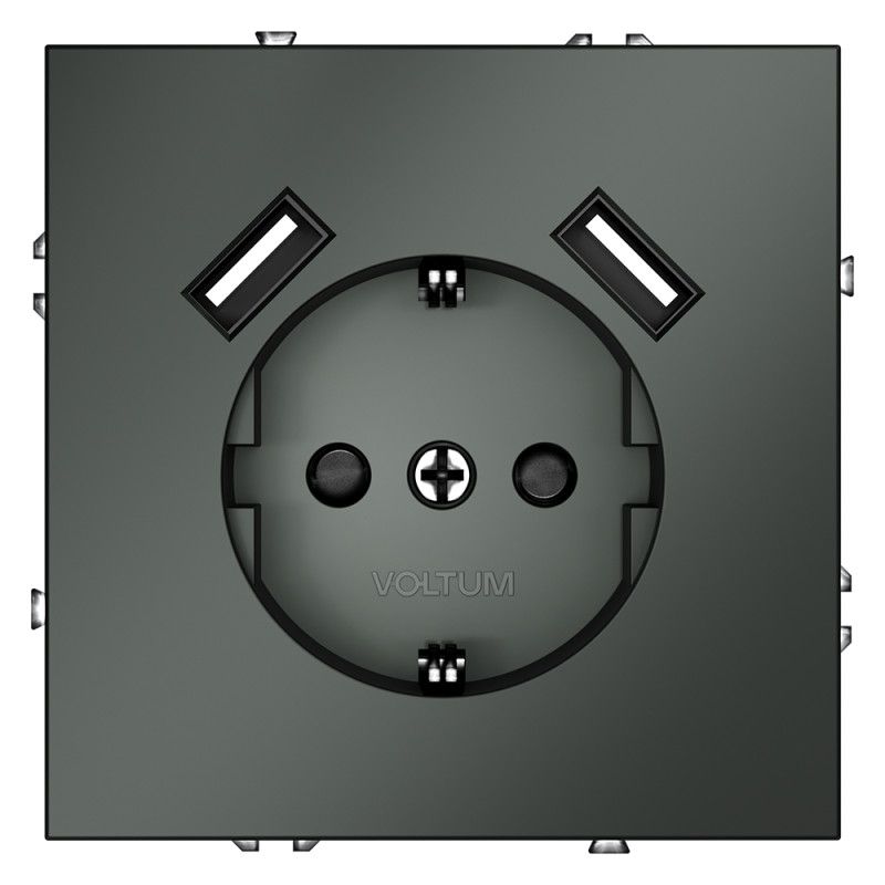 Розетка встраиваемая Voltum S70 с заземлением и защитными шторками, 16А, с USB, A+A, титан пластик Soft touch VLS040406