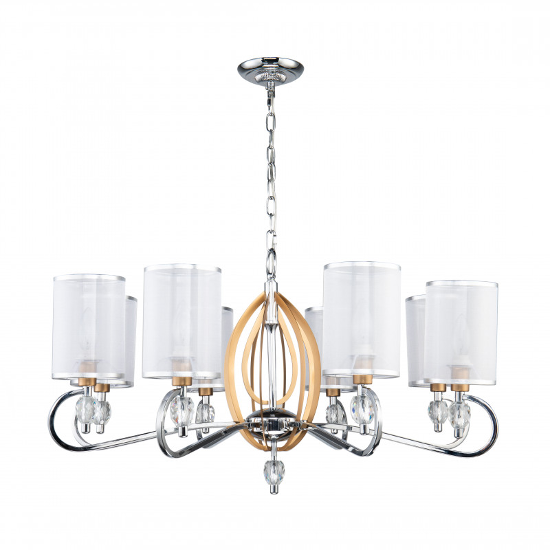 Подвесная люстра Favourite Stine 2705-8P, D790*H450/1450, каркас серебряного цвета и цвета латуни, абажур из полупрозрачной органзы с серебряной тесьмой, декоративные элементы выполнены из прозрачного хрустал