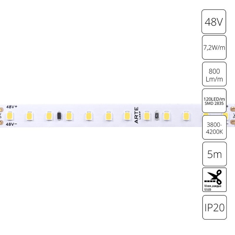 Светодиодная лента 48V, 9,6W/m, 4000lm, 4000К, IP20 Arte Lamp TAPE A4812010-02-4K, цена за катушку 5 метров