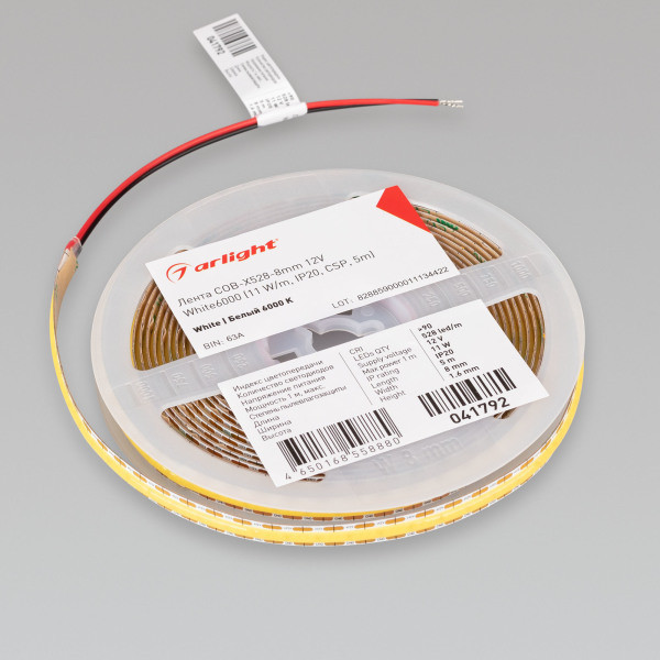 Лента COB-X528-8mm 12V White6000 (11 W/m, IP20, CSP, 5m), Arlight 041792. Цена указана за 5 метров. Продается кратно 5 метрам.
