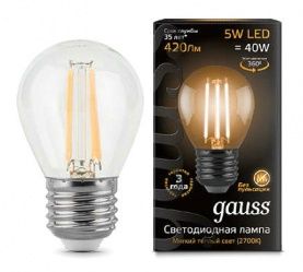 Лампа светодиодная Е27, 5W=40W, Gauss LED Filament Globe 2700K теплый свет 105802105