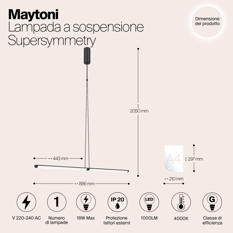 Подвесной светильник  4*4*88,6 см, LED 1 18W, 4000К, Черный Maytoni Supersymmetry P096PL-L11BK1
