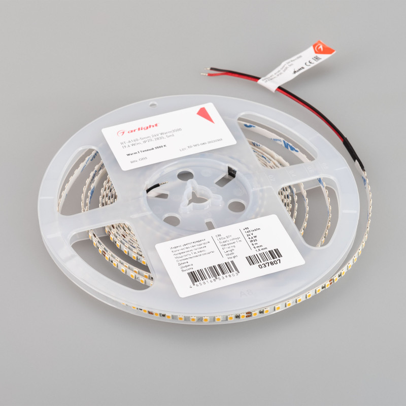 Лента RT-A160-5mm 24V Warm3500 (9.6 W/m, IP20, 2835, 5m) (Arlight, Открытый) 037807. Цена указана за 5 метров. Продается кратно 5 метрам.