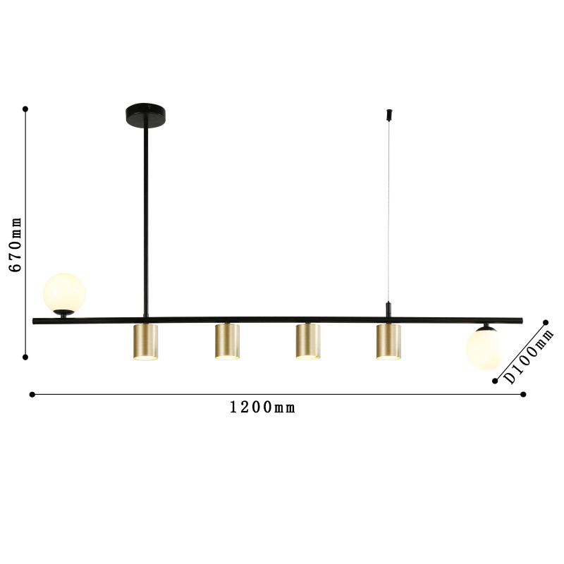 Подвесная люстра Favourite Frigus 4040-6P, L1200*W100*H670, каркас матового черного цвета, два вида плафонов из белого стекла и металла цвета золота, лампы G9 и GU10 можно менять
