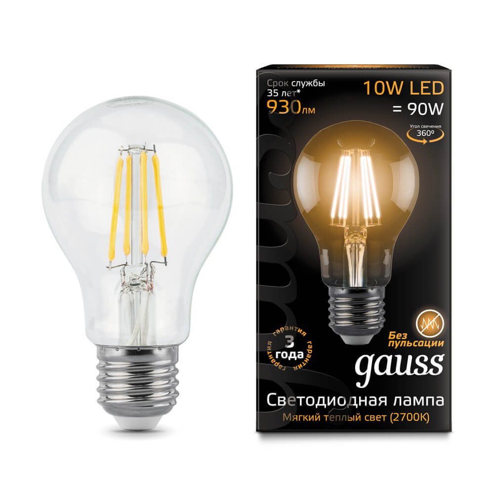 102802110 Лампа Gauss Filament А60 10W 930lm 2700К Е27 LED 1/10/40