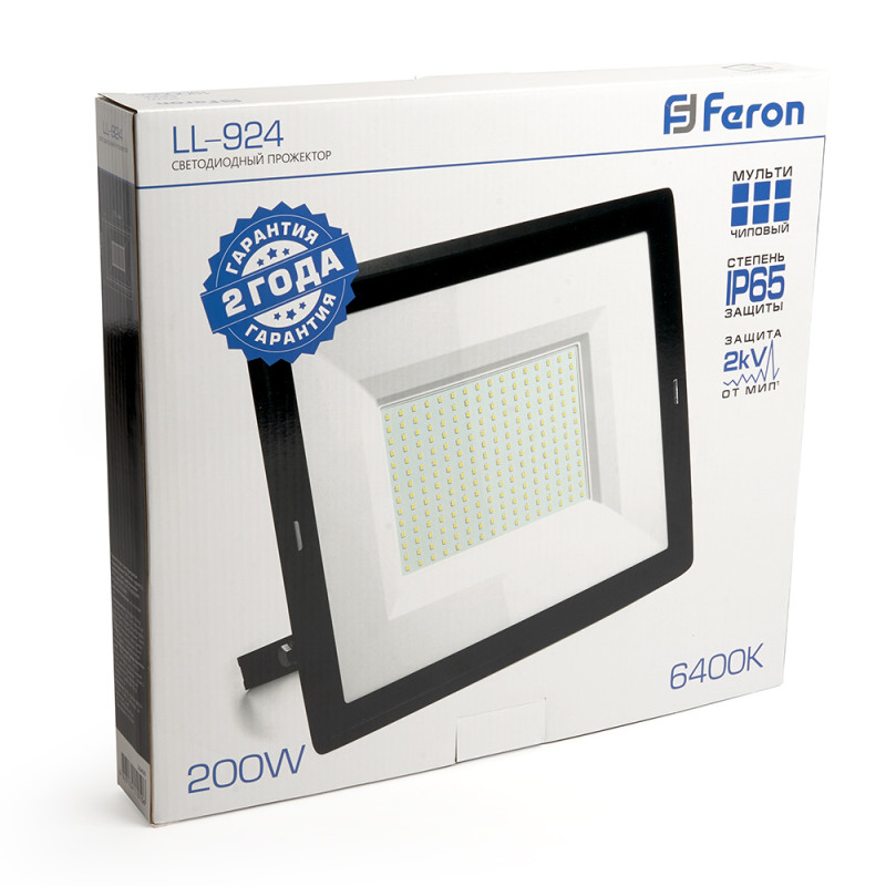 Прожектор светодиодный 2835 SMD 200W 6400K IP65  AC220V/50Hz, черный , LL-924 Feron 29499