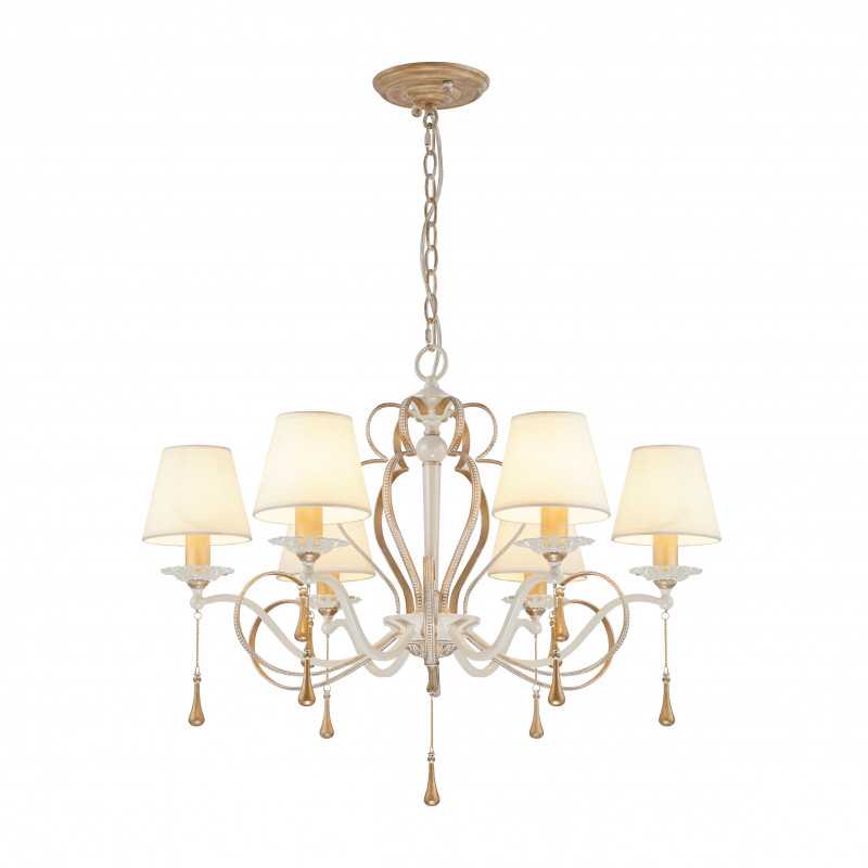 Подвесная люстра Favourite Silena 2635-6P, D710*H590/1670, каркас белого цвета и цвета - античное золото, абажуры из белой ткани, декоративные подвески в виде удлиненных стеклянных капель на золотых цепочках