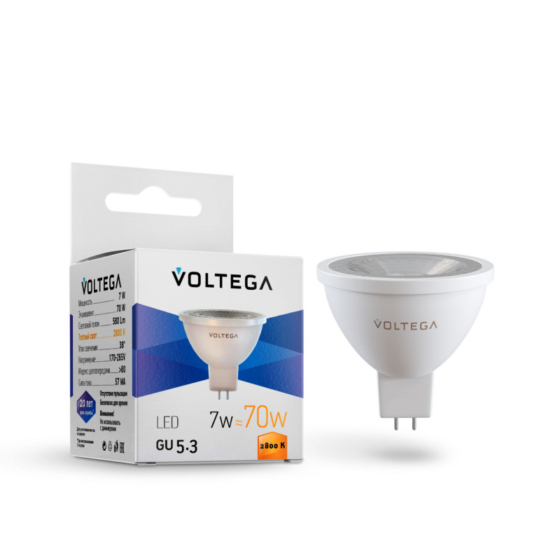 7062 Лампа светодиодная  Voltega Simple 7W 580Lm 2800K Lens 38° GU5.3