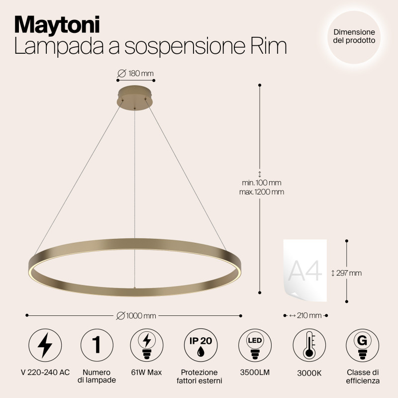Светильник 100 см, 61W, 3000K Maytoni MOD058PL-L54BS3K, латунь