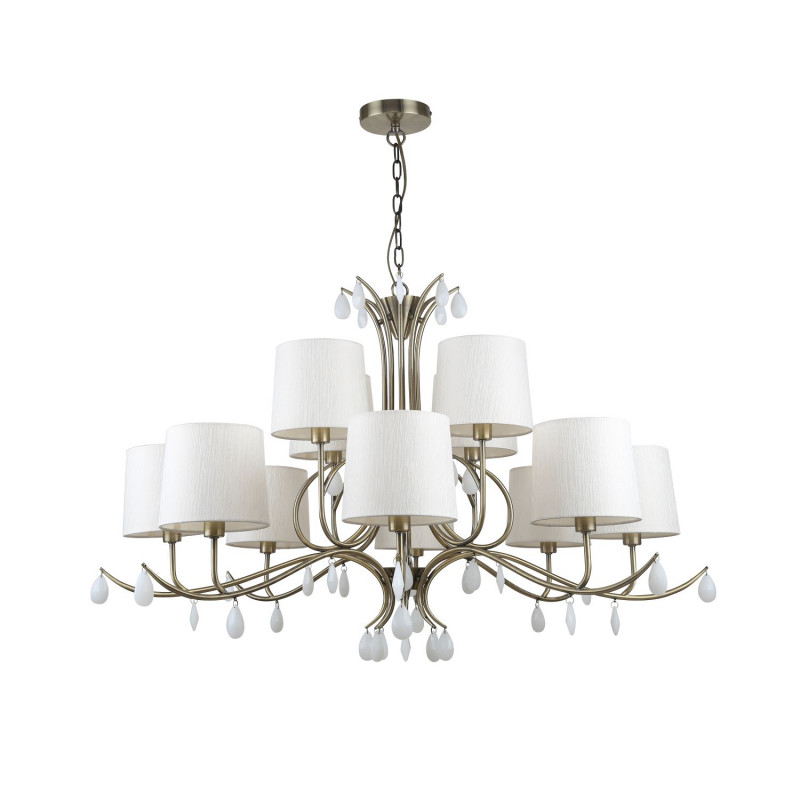 Подвесная люстра Favourite Castellum 2769-12P, D1010*H630/1630, античная латунь, плафоны из ткани кремового цвета, декоративные элементы в виде подвесок из белого стекла
