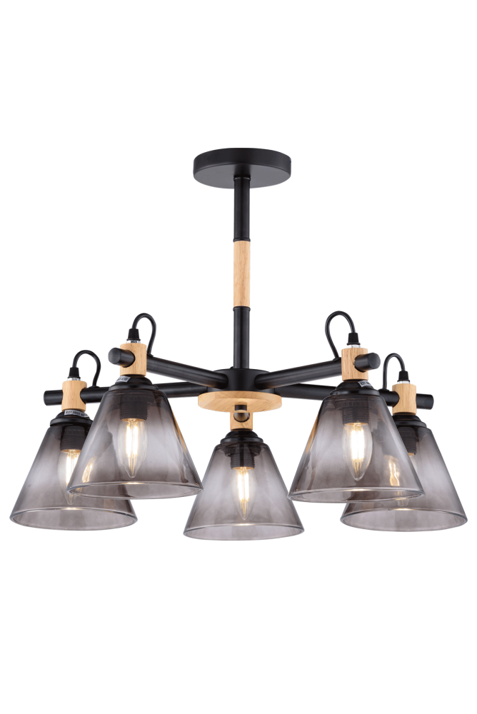 Люстра Ø570 x H420, мм, 5*40W (200W), BLACK+WOOD(Чёрный+Дерево) Rilon 06781/5 BLACK+WOOD