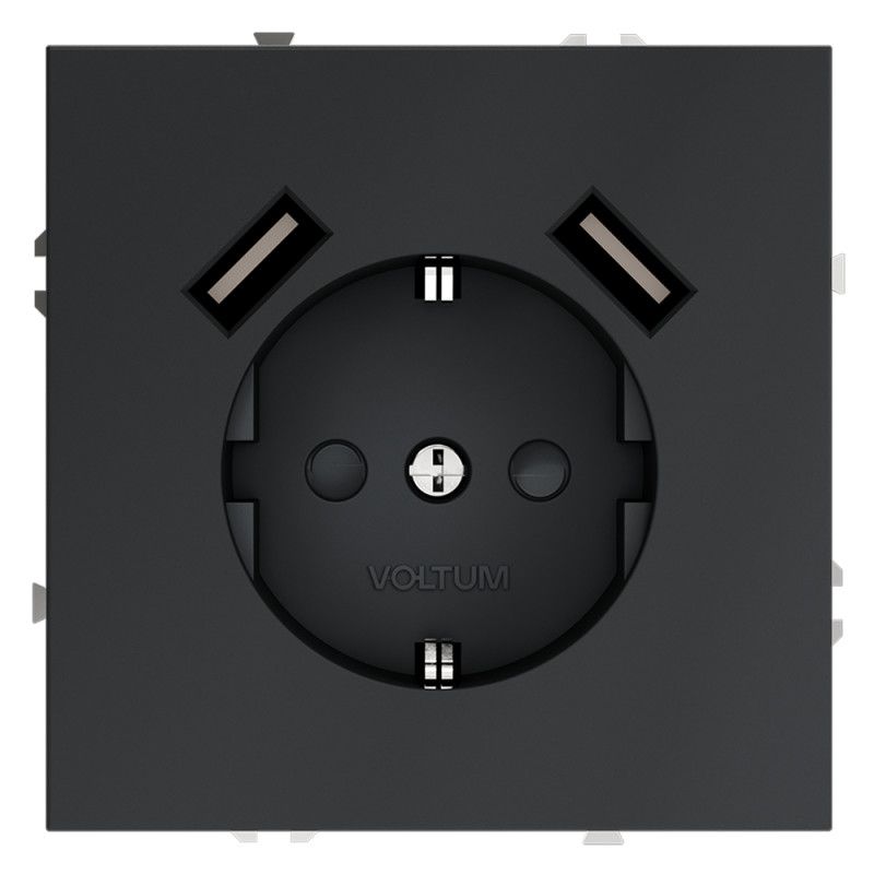 Розетка встраиваемая Voltum S70 с заземлением и защитными шторками, 16А, с USB, A+A, графит пластик Soft touch VLS040407