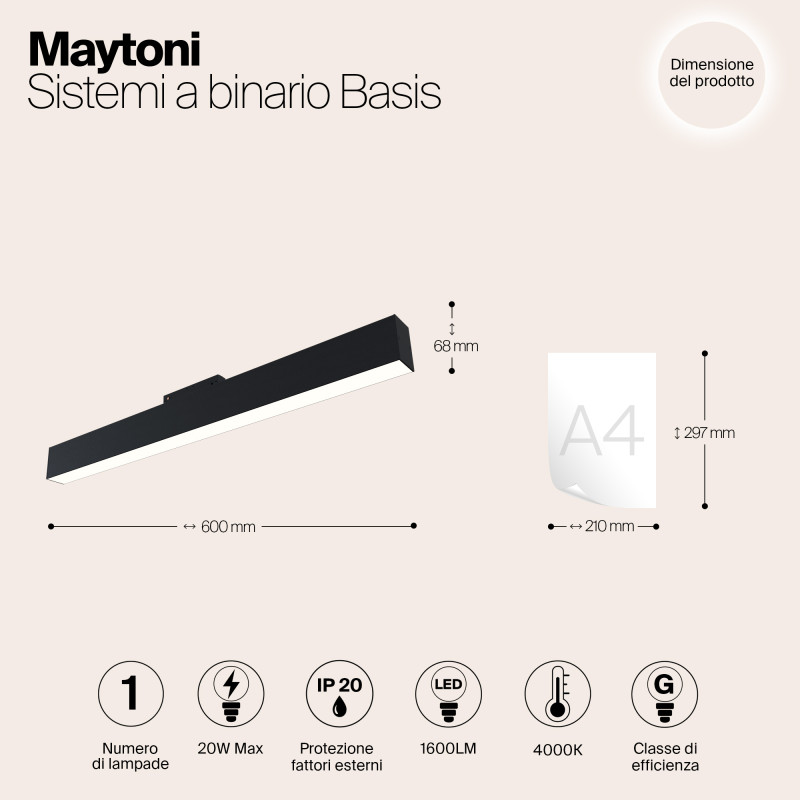 Светодиодный светильник 60 см, 20W, 4000K, Maytoni Technical Basis S35 TR012-2-20W4K-B, черный трековый