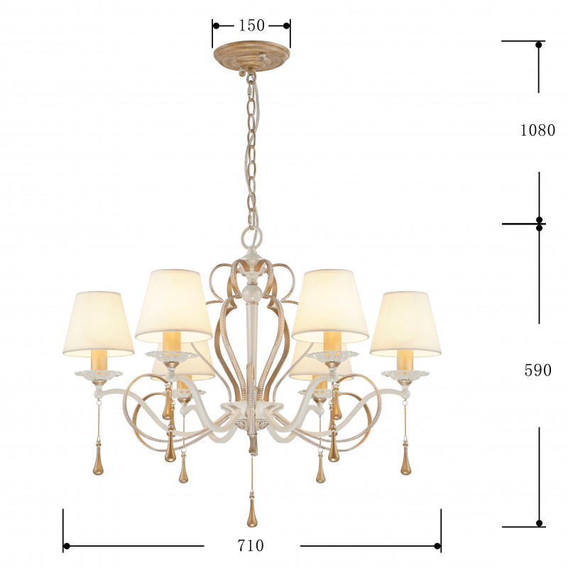 Подвесная люстра Favourite Silena 2635-6P, D710*H590/1670, каркас белого цвета и цвета - античное золото, абажуры из белой ткани, декоративные подвески в виде удлиненных стеклянных капель на золотых цепочках