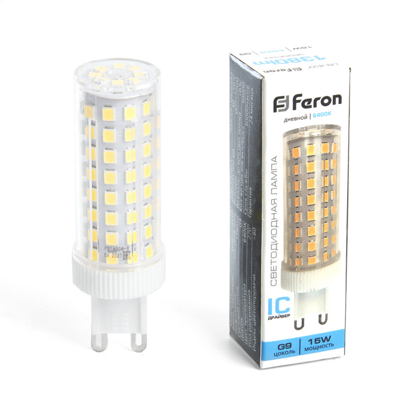 Лампа светодиодная G9, 15W, 6400K, 1380 Lm, 230V  JCD, LB-437 Feron 38214