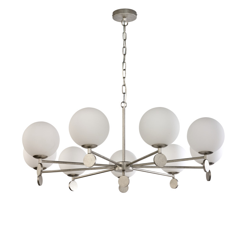 Подвесная люстра Favourite Absolute 2929-9P, D910*H365/1540, античного серебра, плафоны из стекла цвета опала, люстру можно монтировать плафонами вверх или вниз