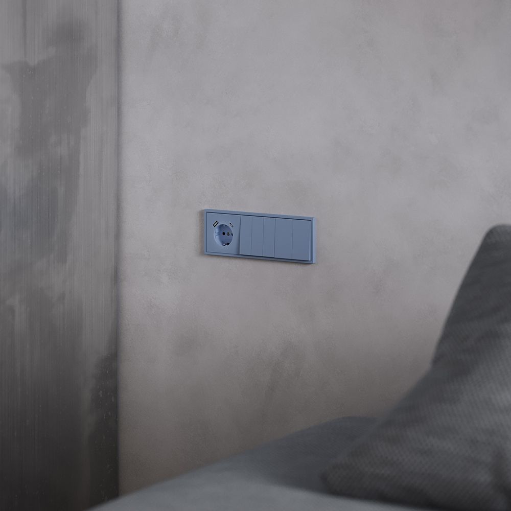 Накладка для розетки с заземлением и защитными шторками, с USB A+C, S70, деним Voltum VLS001015