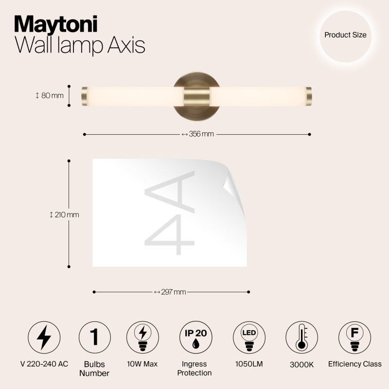 Бра 36 см Maytoni LED Axis MOD106WL-L10G3K, 10W LED, 3000K, золото