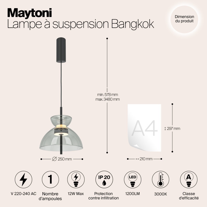 Подвесной светильник  25*57,8 см, LED 12W, 3000К, Черный Maytoni Bangkok MOD185PL-L11B3K2