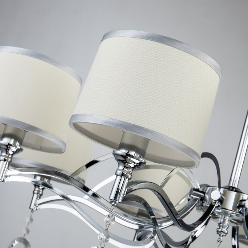 Подвесная люстра Favourite Semina 2707-8P, D930*H430/1430, хром, абажуры из белой ткани с серебряной тесьмой, декоративные элементы из прозрачного хрусталя