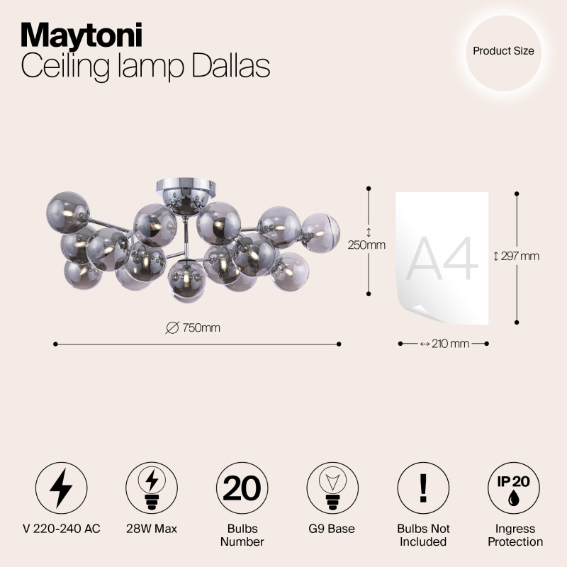 Потолочная люстра Maytoni Dallas MOD545PL-20CH, диаметр 75 см, хром, дымчатое стекло