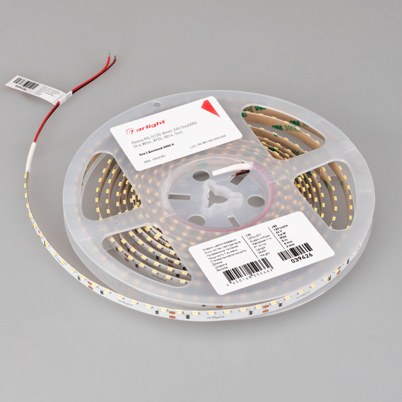 Лента RS-S120-8mm 24V Day5000 (9.6 W/m, IP20, 3014, 5m) (Arlight, боковое свечение) 039426. Цена указана за 5 метров. Продается кратно 5 метрам.