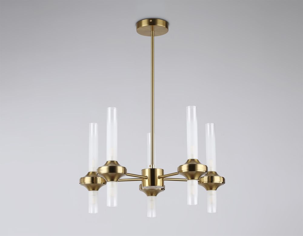 Люстра со стеклянными плафонами на штанге **69- см, 10*G9*30W, K, Ambrella Light High Light LH55358, латунь