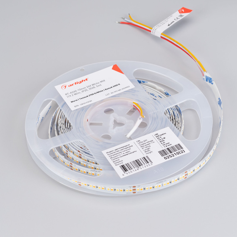 Лента RT-A240-10mm 24V White-MIX (19.2 W/m, IP20, 3528, 5m) (Arlight, Изменяемая ЦТ) 025210(2). Цена указана за 5 метров. Продается кратно 5 метрам.