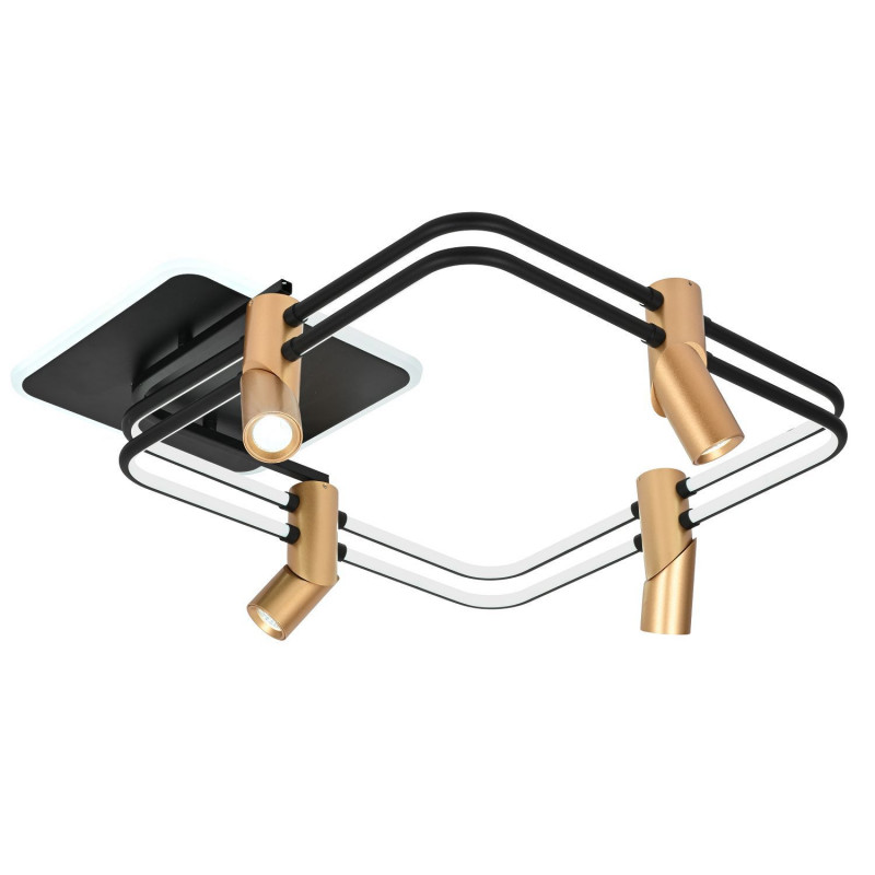 Потолочный светильник Favourite Cosmical 4070-4U, L600*W600*H210, потолочный светильник черного цвета в  сочетании с золотыми поворотными спотами на каркасе, встроенные ленты LED по периметру. Пульт управления цветом