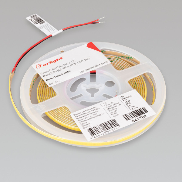 Лента COB-X504-5mm 12V Warm3000 (6.5 W/m, IP20, CSP, 5m), Arlight 041789. Цена указана за 5 метров. Продается кратно 5 метрам.