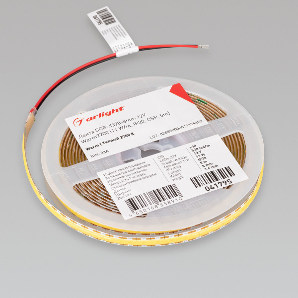 Лента COB-X528-8mm 12V Warm2700 (11 W/m, IP20, CSP, 5m), Arlight 041795. Цена указана за 5 метров. Продается кратно 5 метрам.