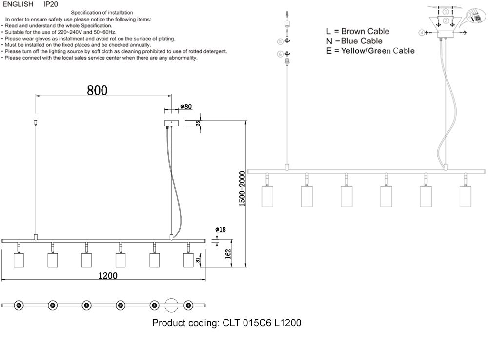 Светильник потолочный 120*5,6*150-200 см, 6*GU10*50W, Crystal Lux Rivo CLT 015C6 L1200 BL, Черный
