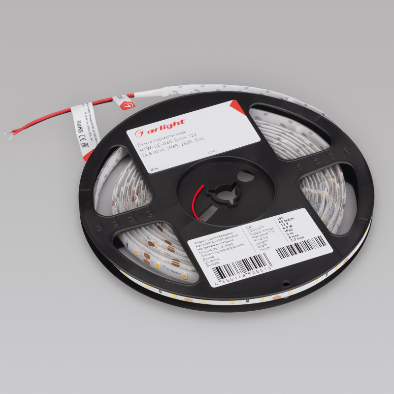 Лента герметичная RTW-SE-A60-8mm 12V Day4000 (4.8 W/m, IP65, 2835, 5m), Arlight 015447(2). Цена указана за 5 метров. Продается кратно 5 метрам.
