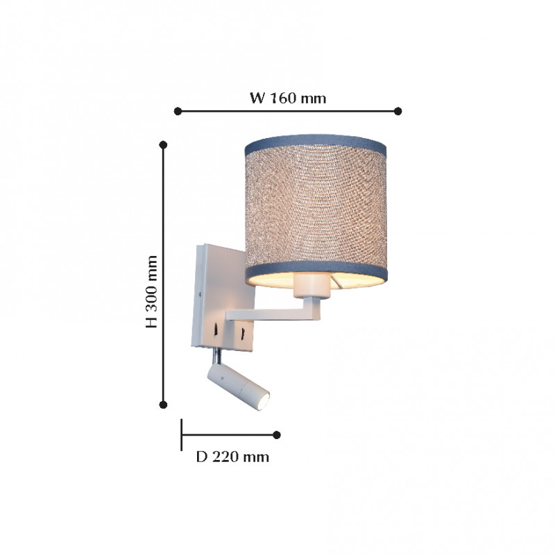 Бра Favourite Essentia 2002-2W, D225*W160*H355, металл окрашен в белый цвет, плафон из серой ткани, с выключателем