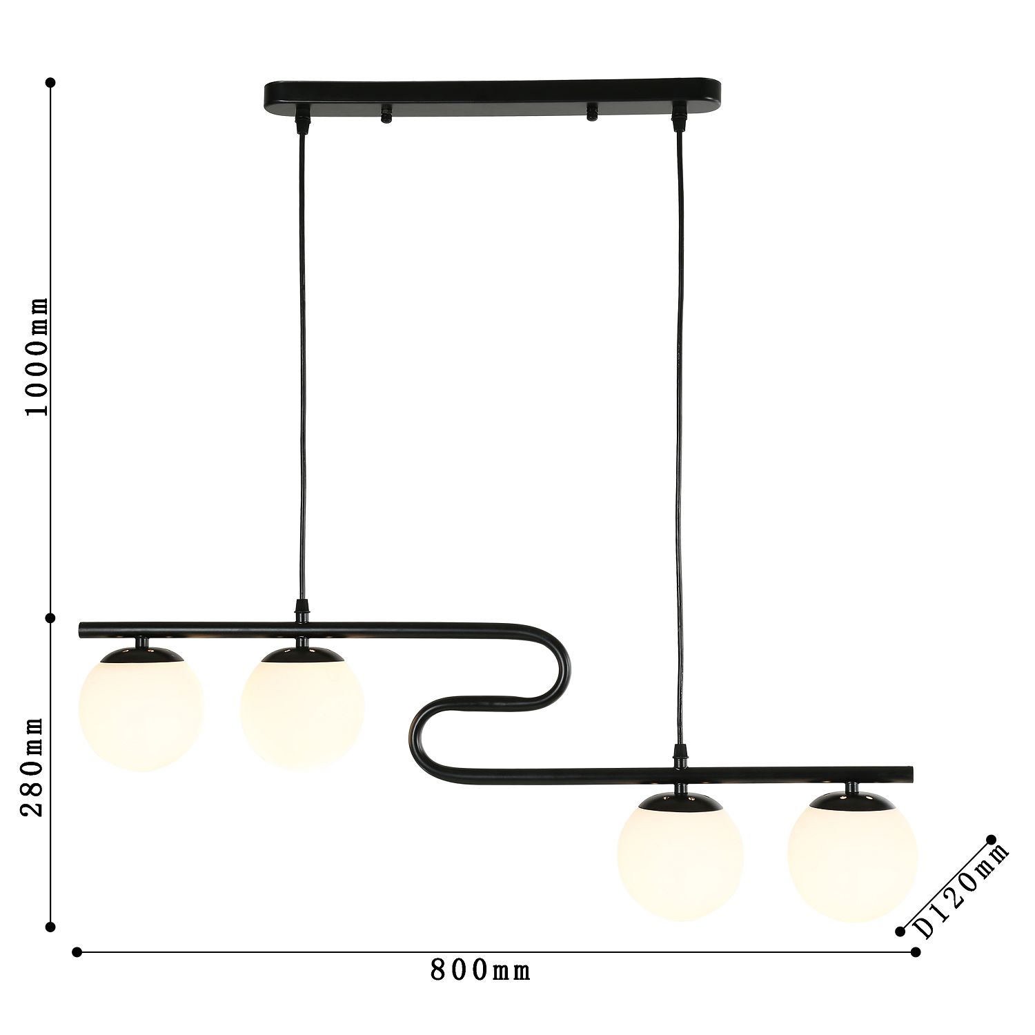 Подвесная люстра F-Promo Collana 4036-4P, L800*W120*H280/1280, каркас изогнутой формы черного матового цвета, плафоны из белого стекла