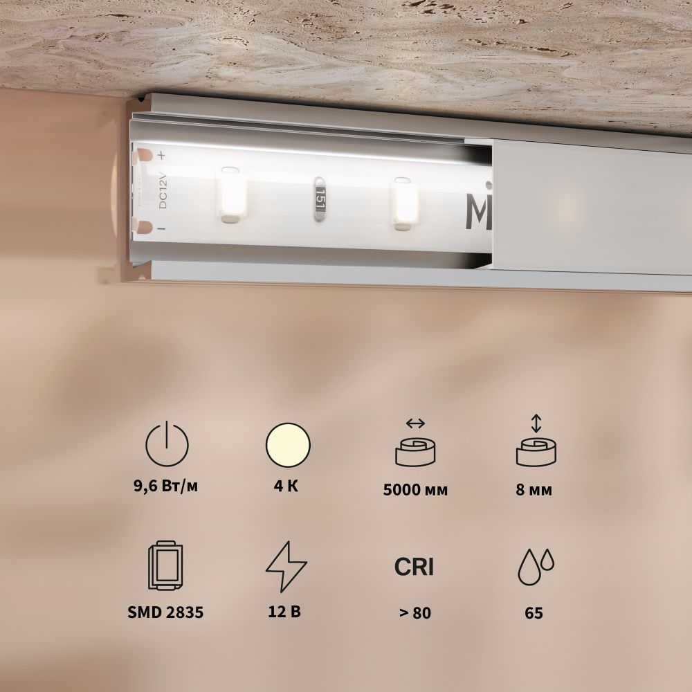 Светодиодная лента Base 12В 2835 9,6Вт/м 4000K 5м IP 65 201175 Maytoni Technical, цена за метр, катушкой по 5 м