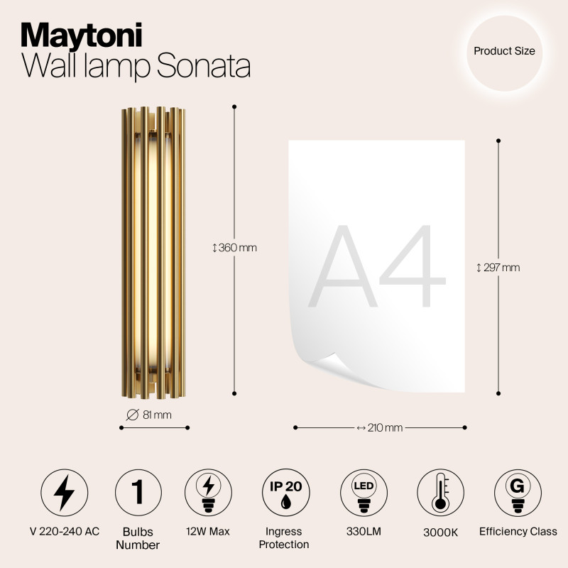 Светодиодный светильник 36 см, 12W, 3000K, Maytoni Sonata MOD410WL-L12BS3K, латунь