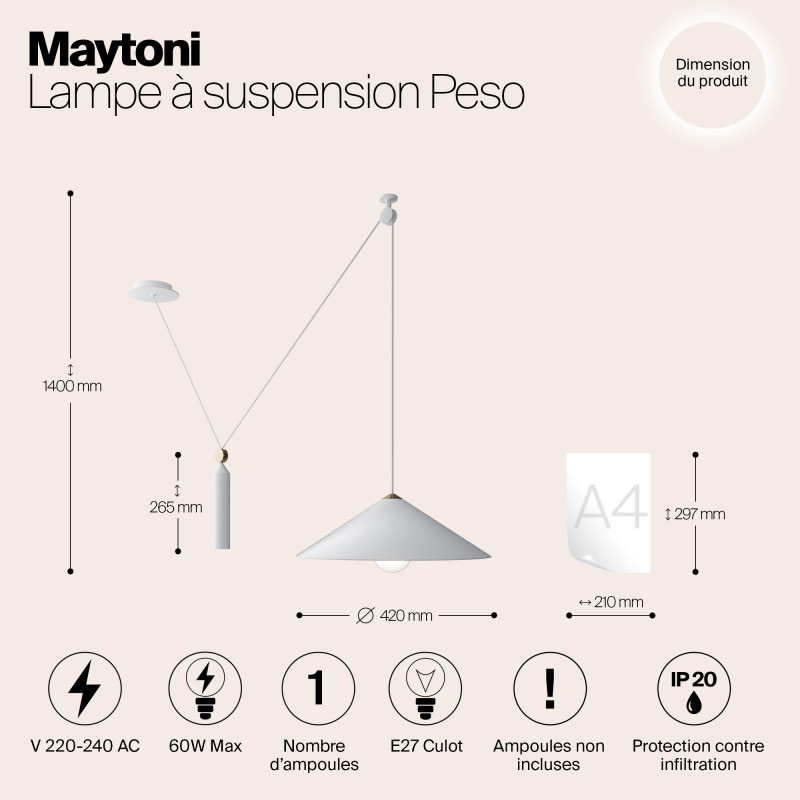 Светильник подвесной Maytoni Peso P080PL-01W, белый
