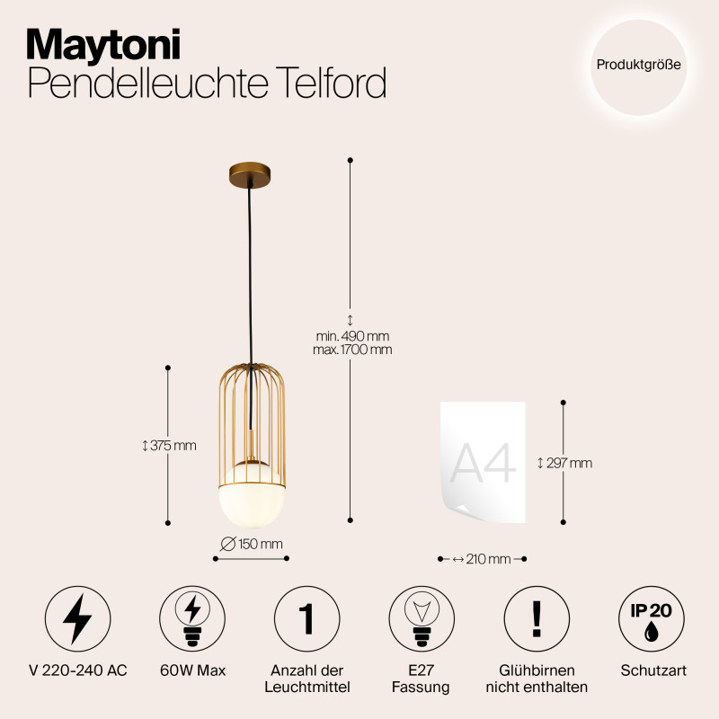 Подвесной светильник Maytoni Telford P362PL-01G, золото, диаметр 15 см