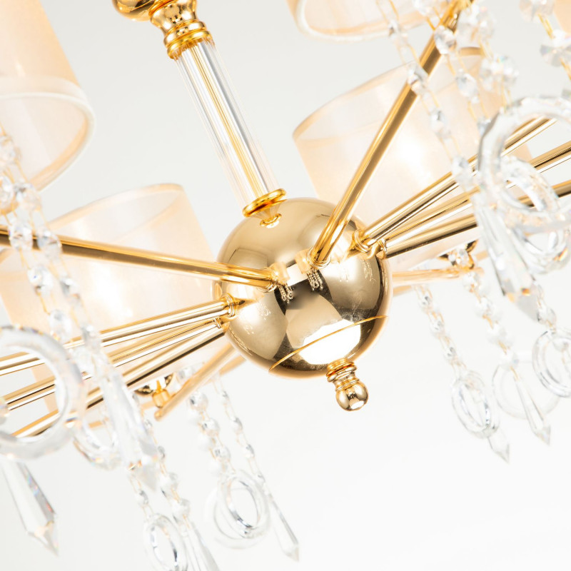 Подвесная люстра Favourite Ventus 2891-10P, D920*H460/1460, Каркас золотого цвета, плафон из органзы янтарного цвета, декоративные элементы из стекла и хрусталя