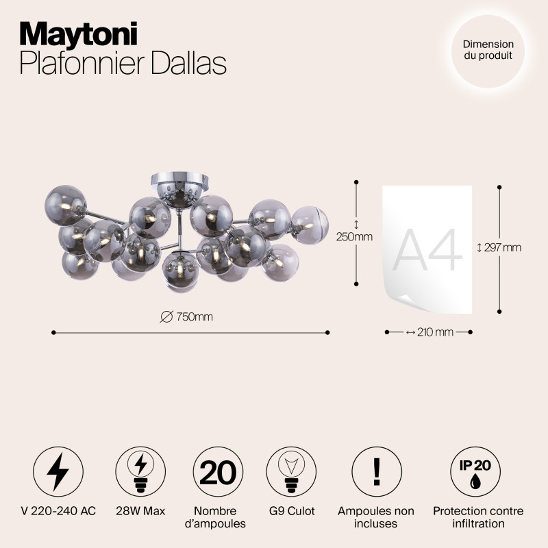 Потолочная люстра Maytoni Dallas MOD545PL-20CH, диаметр 75 см, хром, дымчатое стекло
