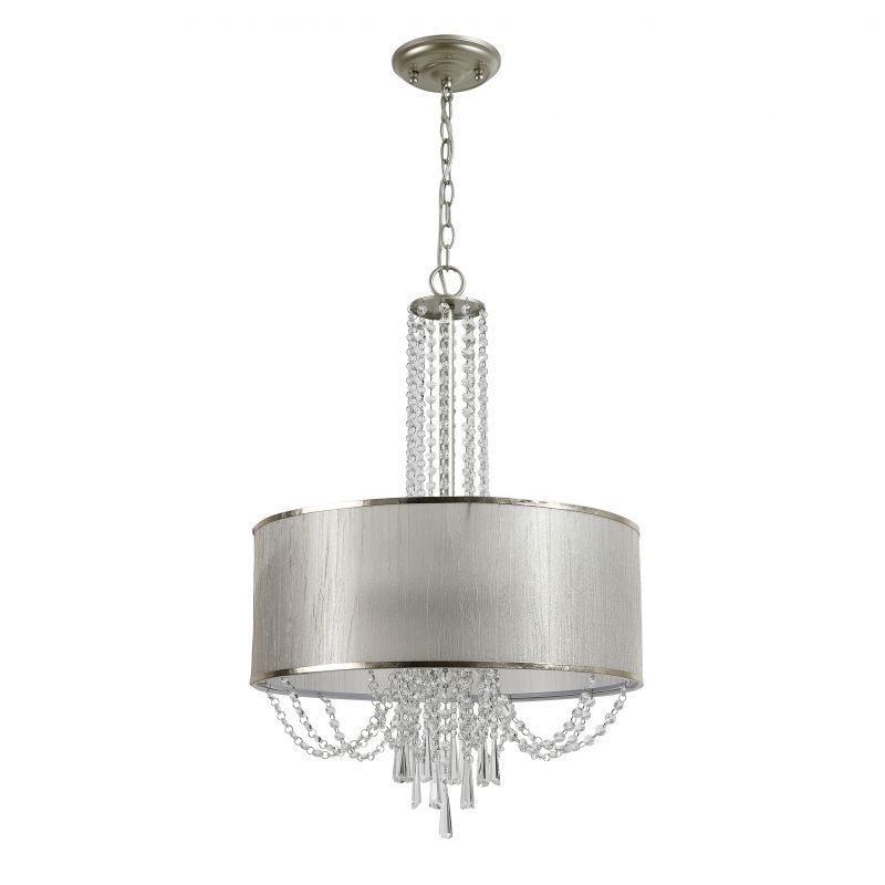 Подвесная люстра F-Promo Elfo 3043-5P, D500*H750/1350, французское серебро, плафон из полупрозрачной ткани цвета шампанского отделан тесьмой из золотистой экокожи, декор из хрусталя высшего ка