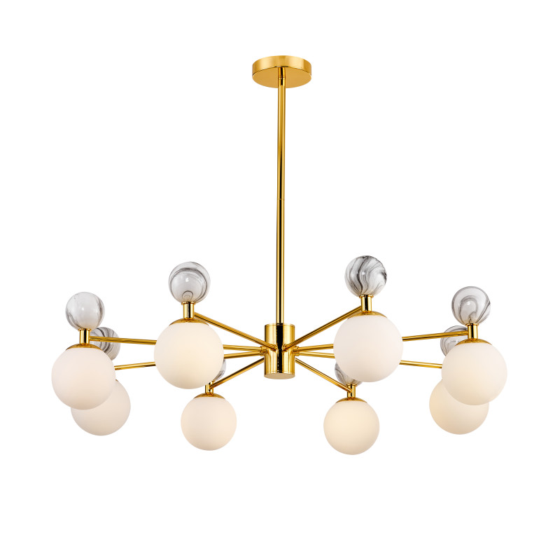 Подвесная люстра Favourite Sangamarmer 3010-8P, D900*H485/735, золота, плафоны из матового белого стекла, декоративные элементы из керамики цвета белого мрамора, лампу G9 можно менять