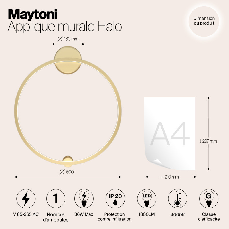 Бра 60 см, 36W, 4000K, Maytoni MOD005WL-L22BSK1, латунь