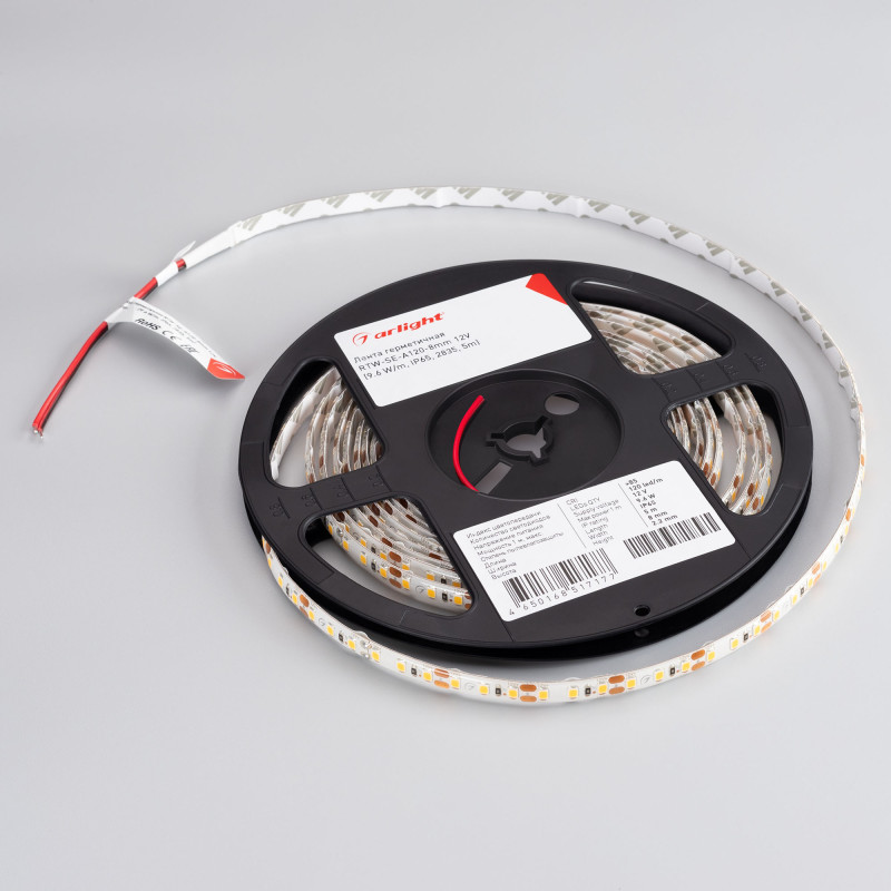 Лента герметичная RTW-SE-A120-8mm 12V Day4000 (9.6 W/m, IP65, 2835, 5m), Arlight 015441(2). Цена указана за 5 метров. Продается кратно 5 метрам.