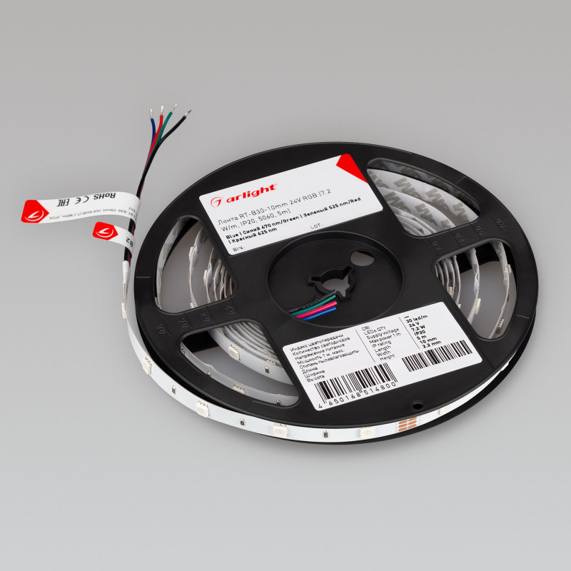 Лента RT-B30-10mm 24V RGB (7.2 W/m, IP20, 5060, 5m) (Arlight, Открытый) 022066(2). Цена указана за 5 метров. Продается кратно 5 метрам.