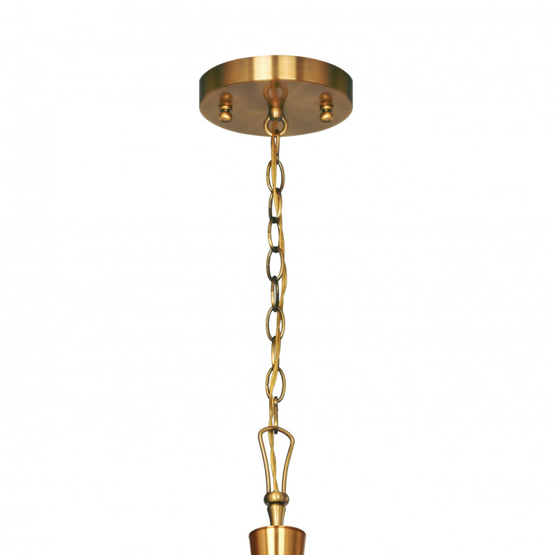 Подвесная люстра Favourite Laguna 2697-5P, D680*H500/1125, античной латуни, абажуры из органзы цвета шампанского, декоративные элементы из прозрачного стекла, люстру можно монтировать как плафонам