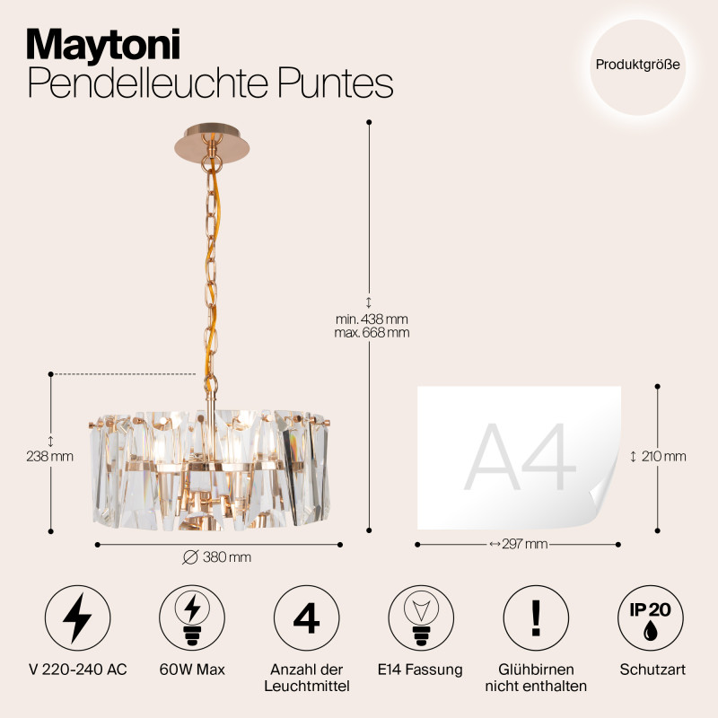 Подвесной светильник Maytoni Puntes MOD043PL-04G, диаметр 38 см, золото