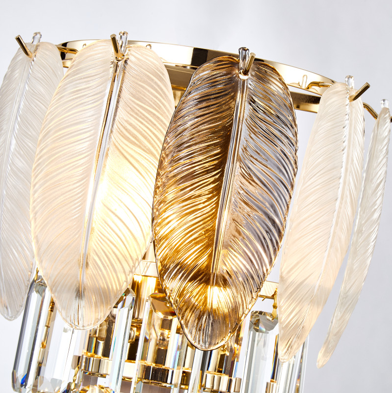 Бра Favourite Dolor 2982-2W, D160*W270*H310, золотой гальваники, декоративные лепестки из белого и серого стекла, хрусталь оригинальной прямоугольной формы высшего качества