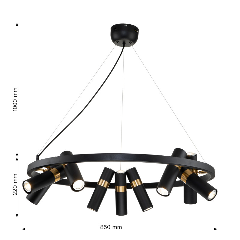 Подвесная люстра Favourite Light point 2997-9P, D850*H290/1220, каркас светильника сочетает два цвета - золотая гальваника и черный, поворотный плафон, лампу GU10 можно менять